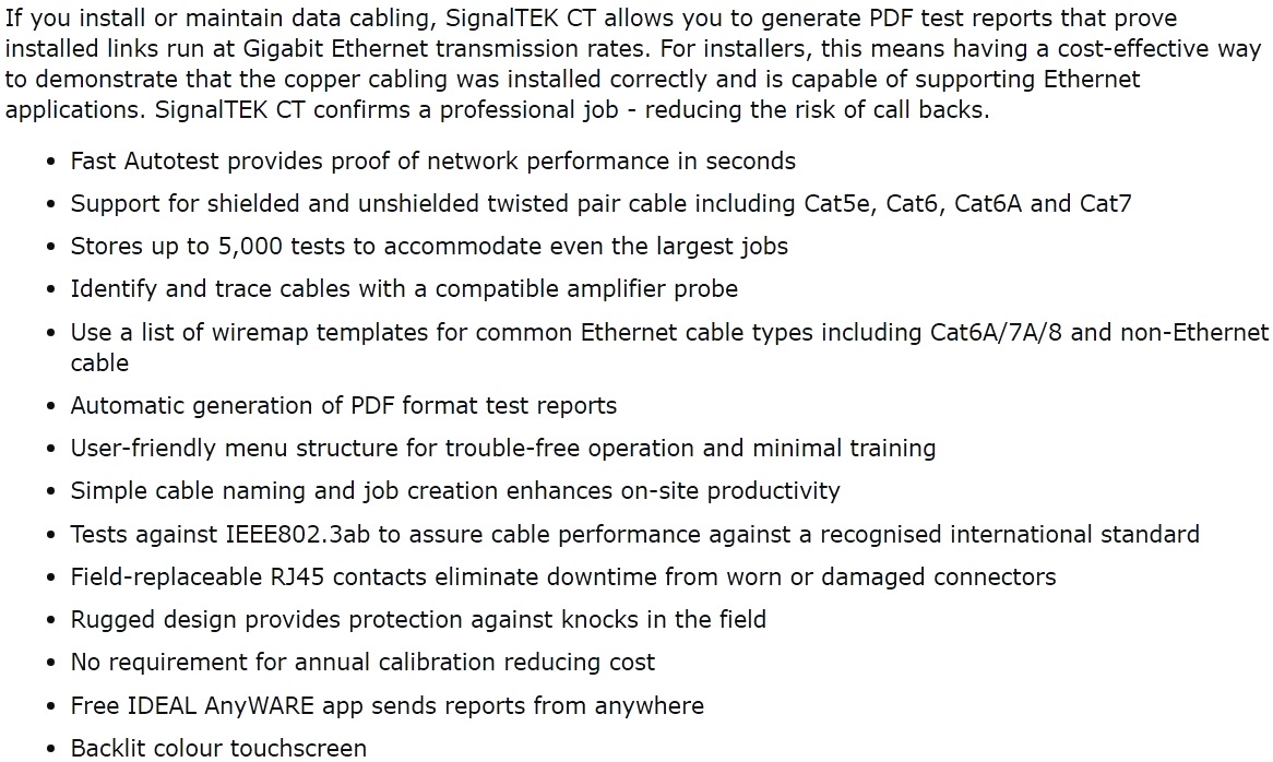 מכשיר בדיקה לרשתות תקשורת IDEAL NETWORKS SIGNALTEK CT R156006